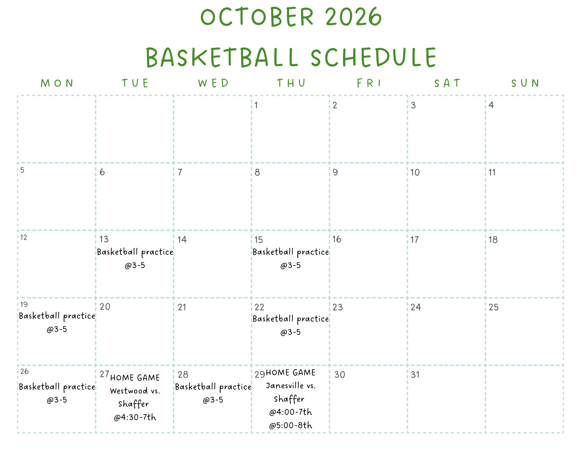 October Basketball Calendar