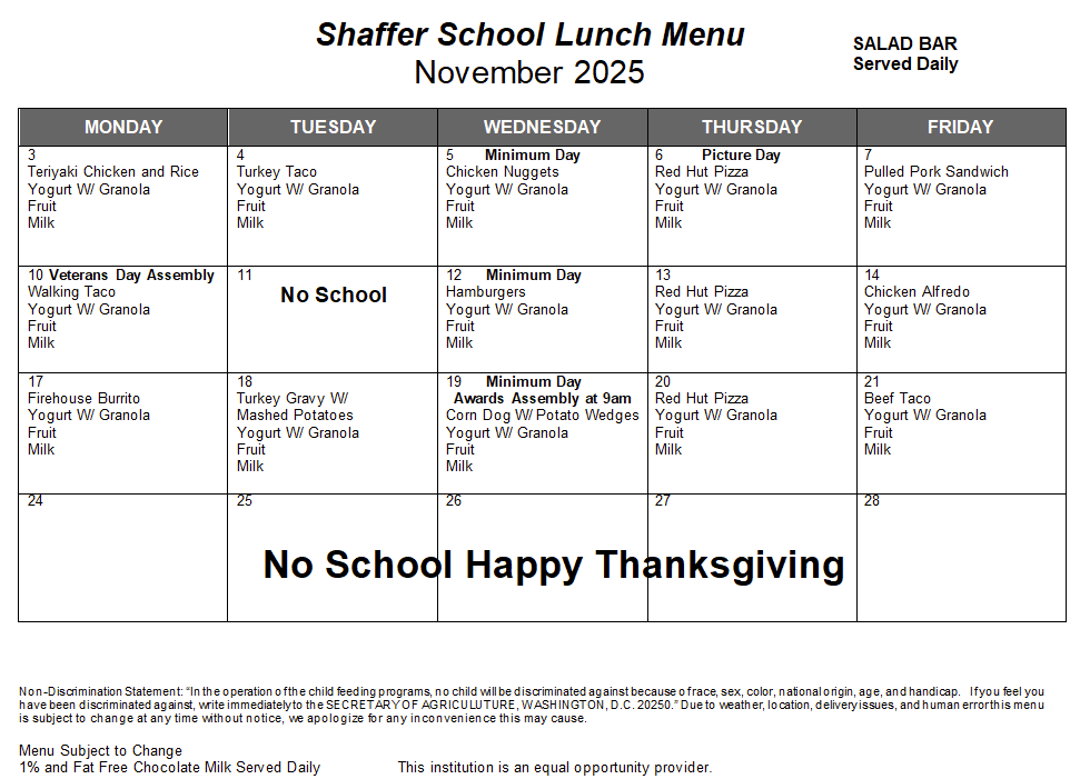 Lunch menu for september in calendar form