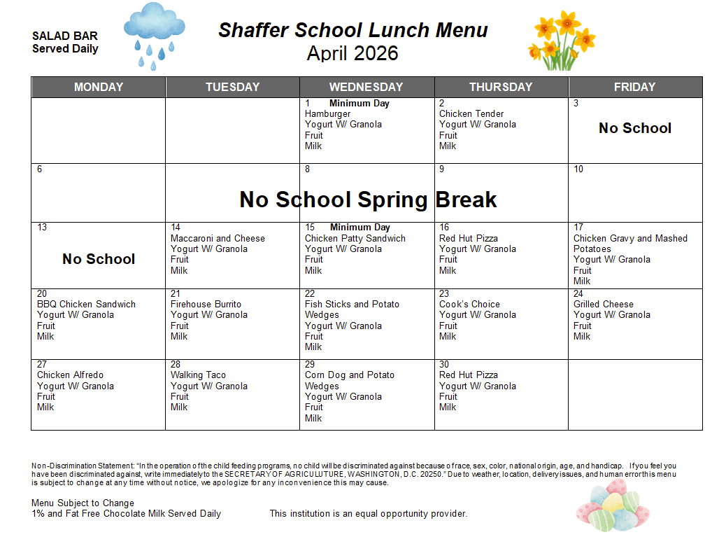 Lunch menu in calendar form