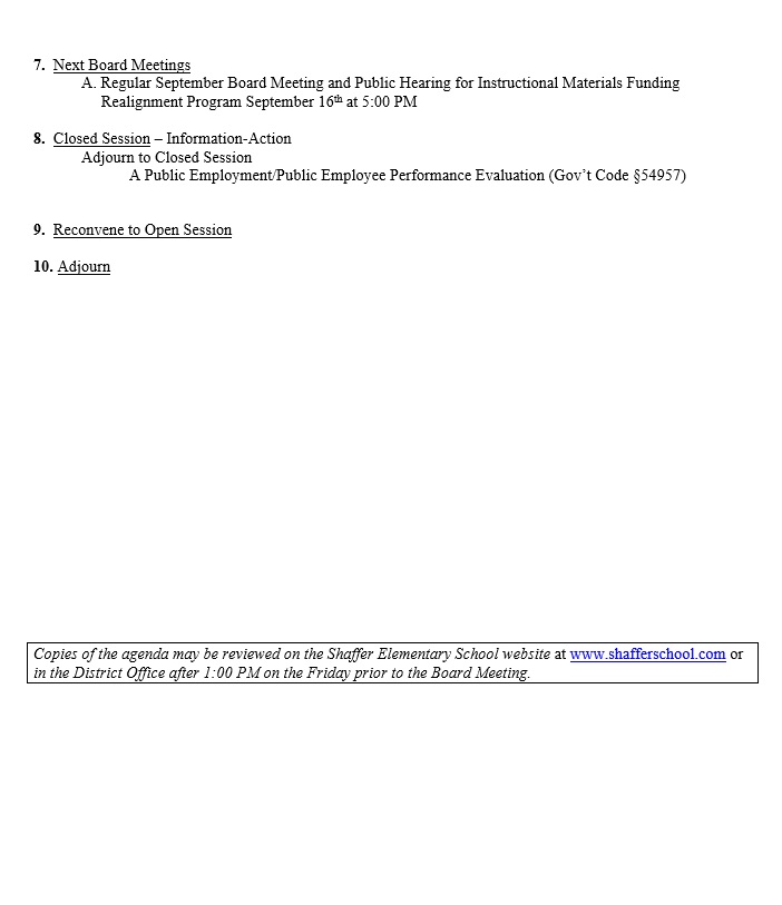 Page three of the August 19, 2025 School board meeting agenda on Shaffer Letterhead