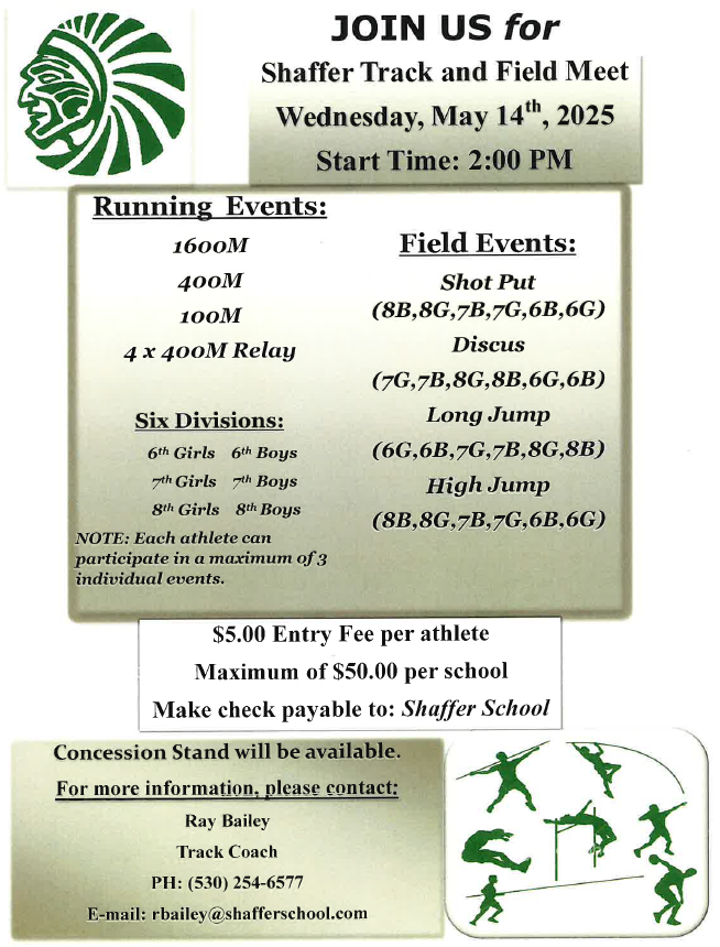 Shaffer logo with invite to join shaffer track & field meet May 14th at 2pm