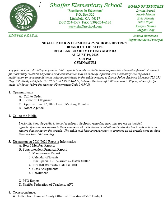Page one of the August 19, 2025 School board meeting agenda on Shaffer Letterhead