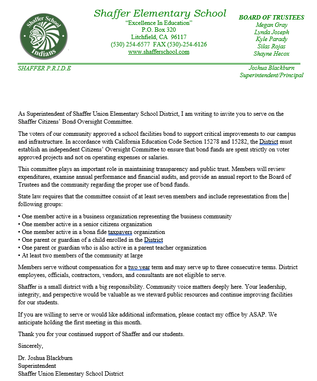 Shaffer Letterhead inviting the community to be part of a Bond Oversight Comittee