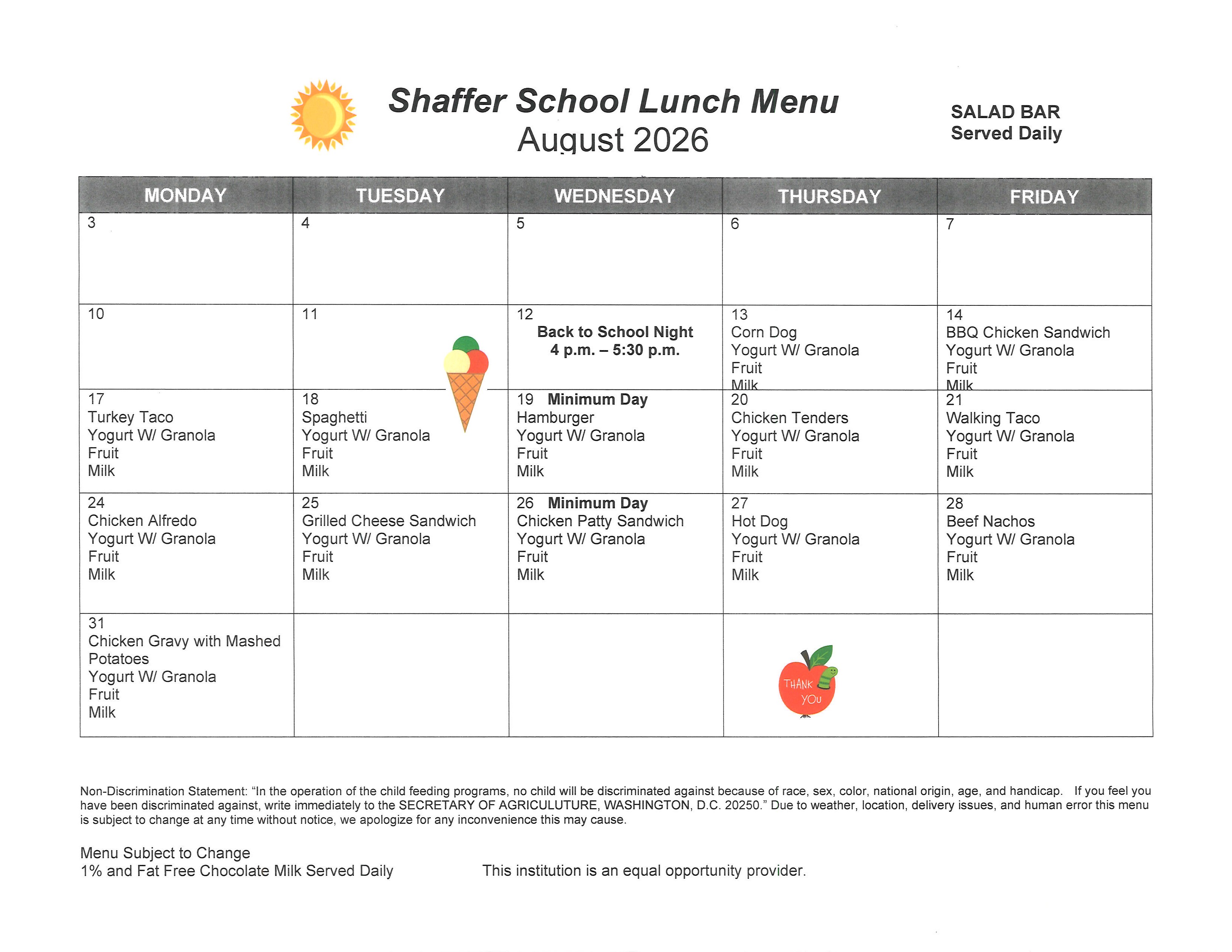 August lunch menu
