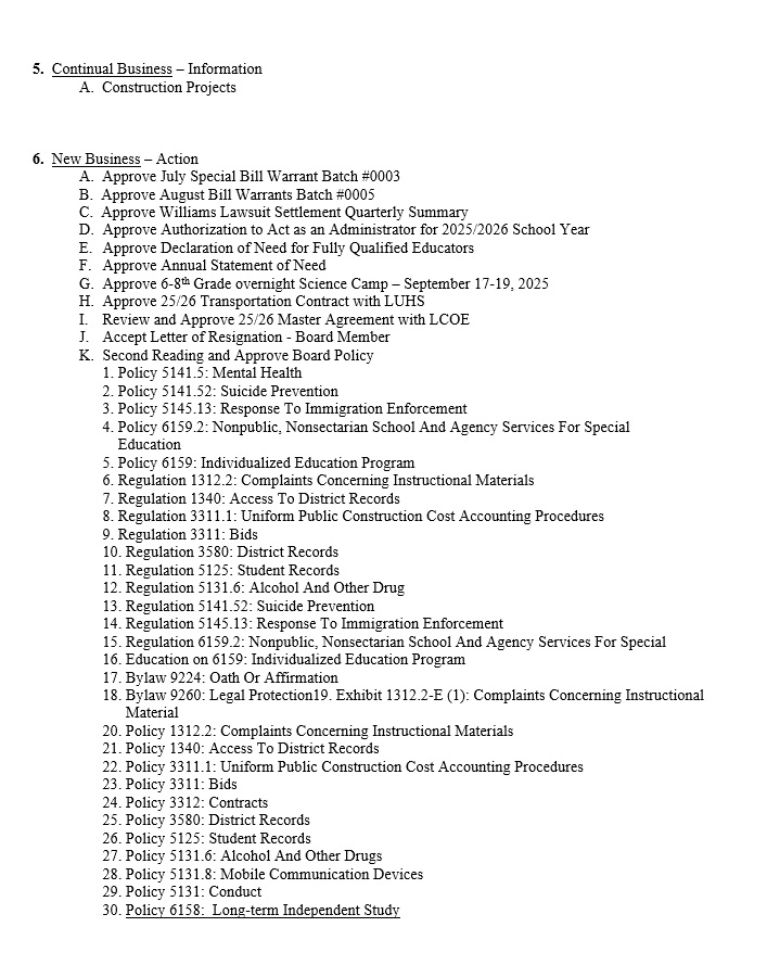 Page two of the August 19, 2025 School board meeting agenda on Shaffer Letterhead