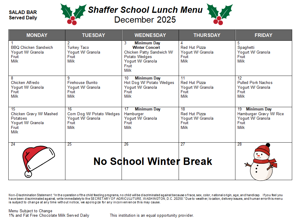 Lunch menu forDecember in calendar form