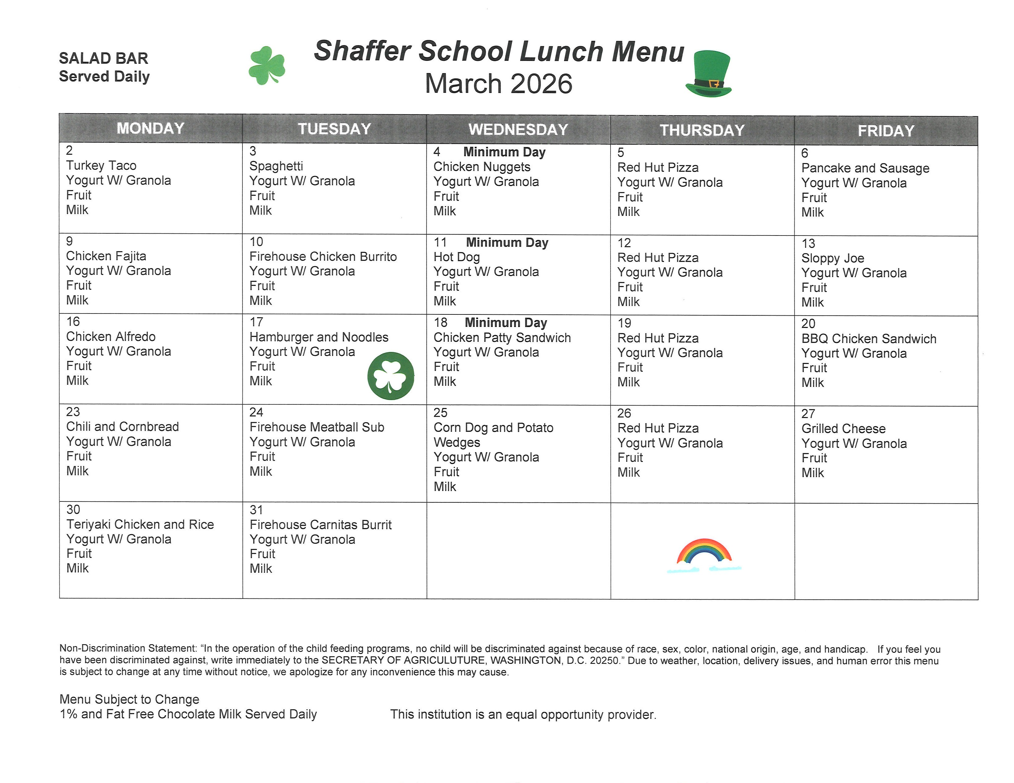 Lunch menu in calendar form