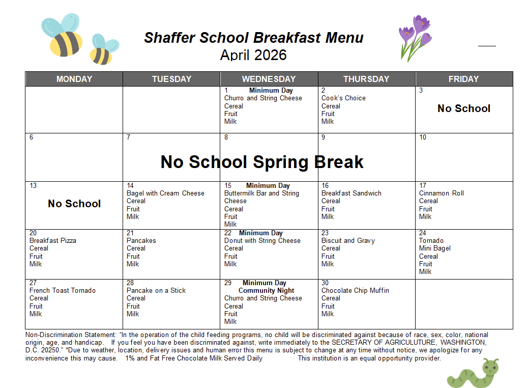 breakfast menu in calendar form