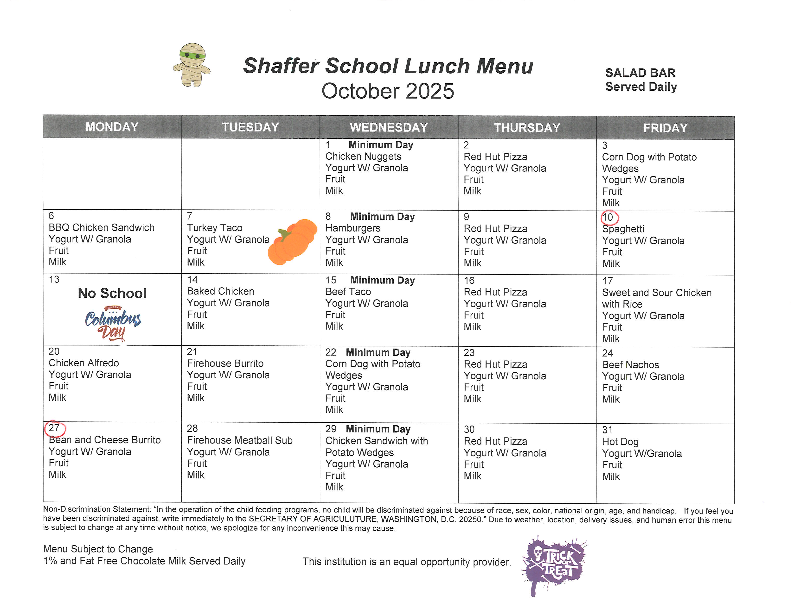 Lunch menu for september in calendar form