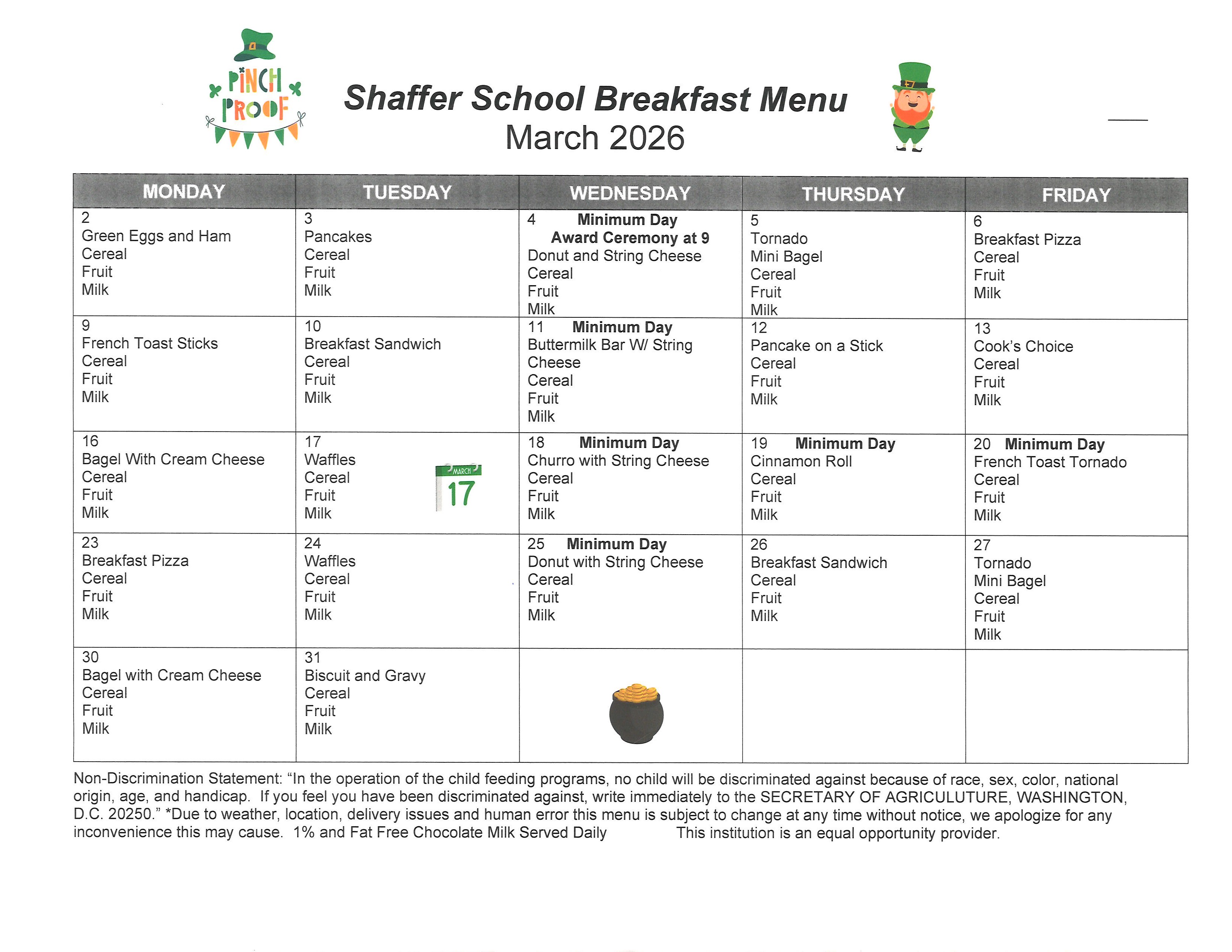 breakfast menu in calendar form