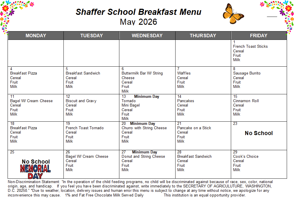 breakfast menu in calendar form