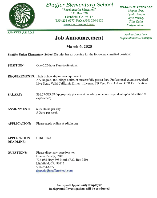 Job announcement for Shaffer Elementary 