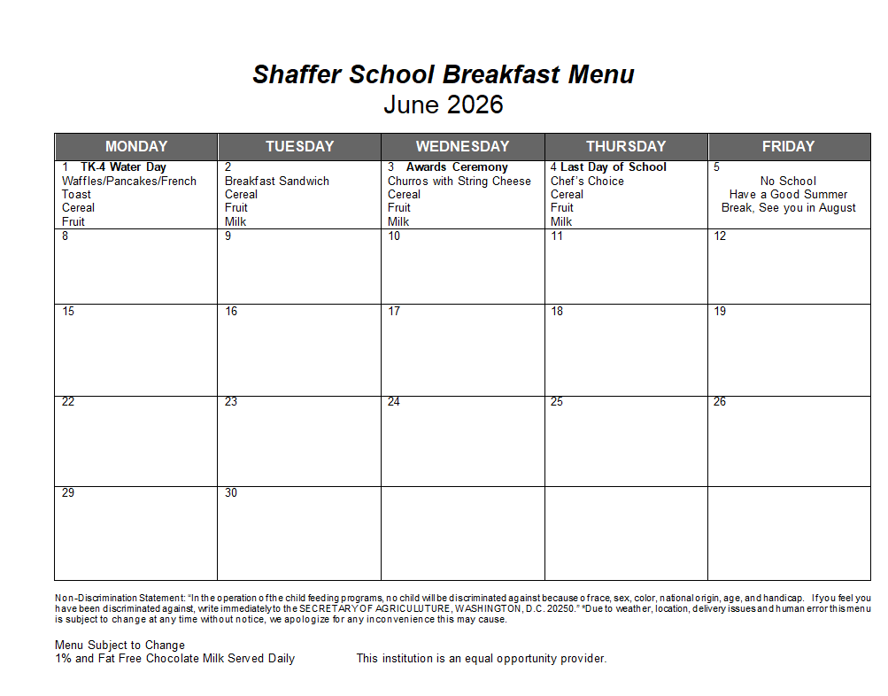 breakfast menu in calendar form