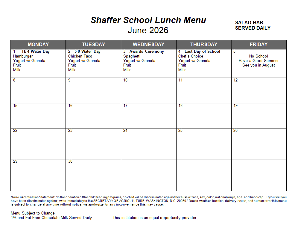 Lunch menu in calendar form