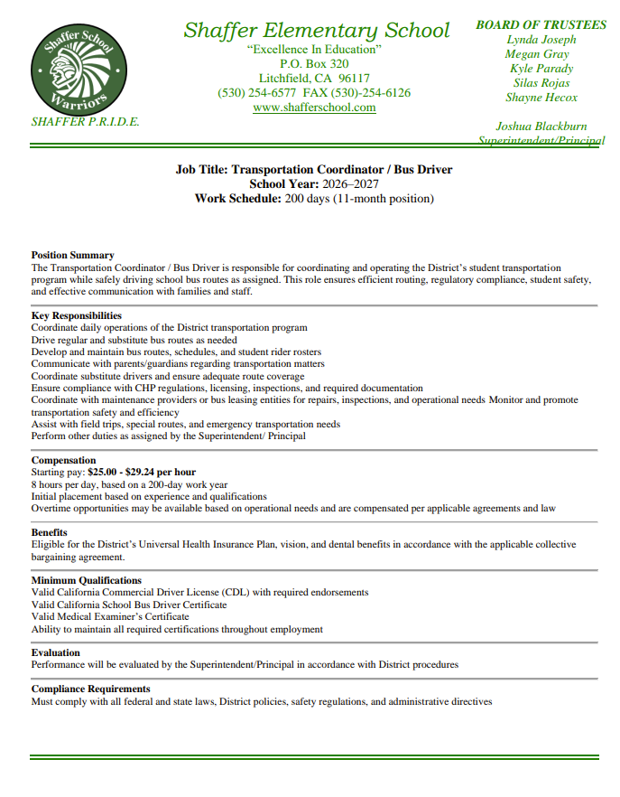 Job posting notification for Transportation Coordinator/ Bus Driver