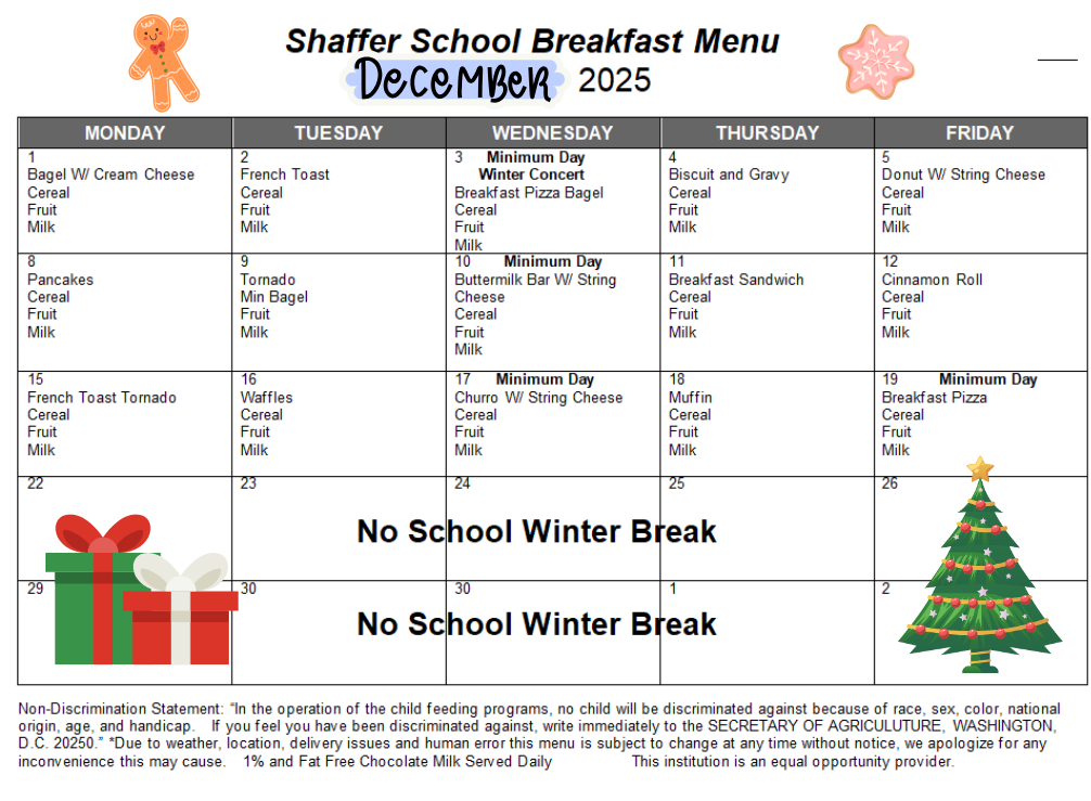 December breakfast menu in calendar form