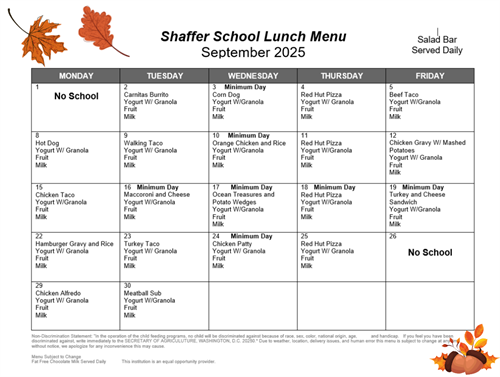 Lunch menu for september in calendar form