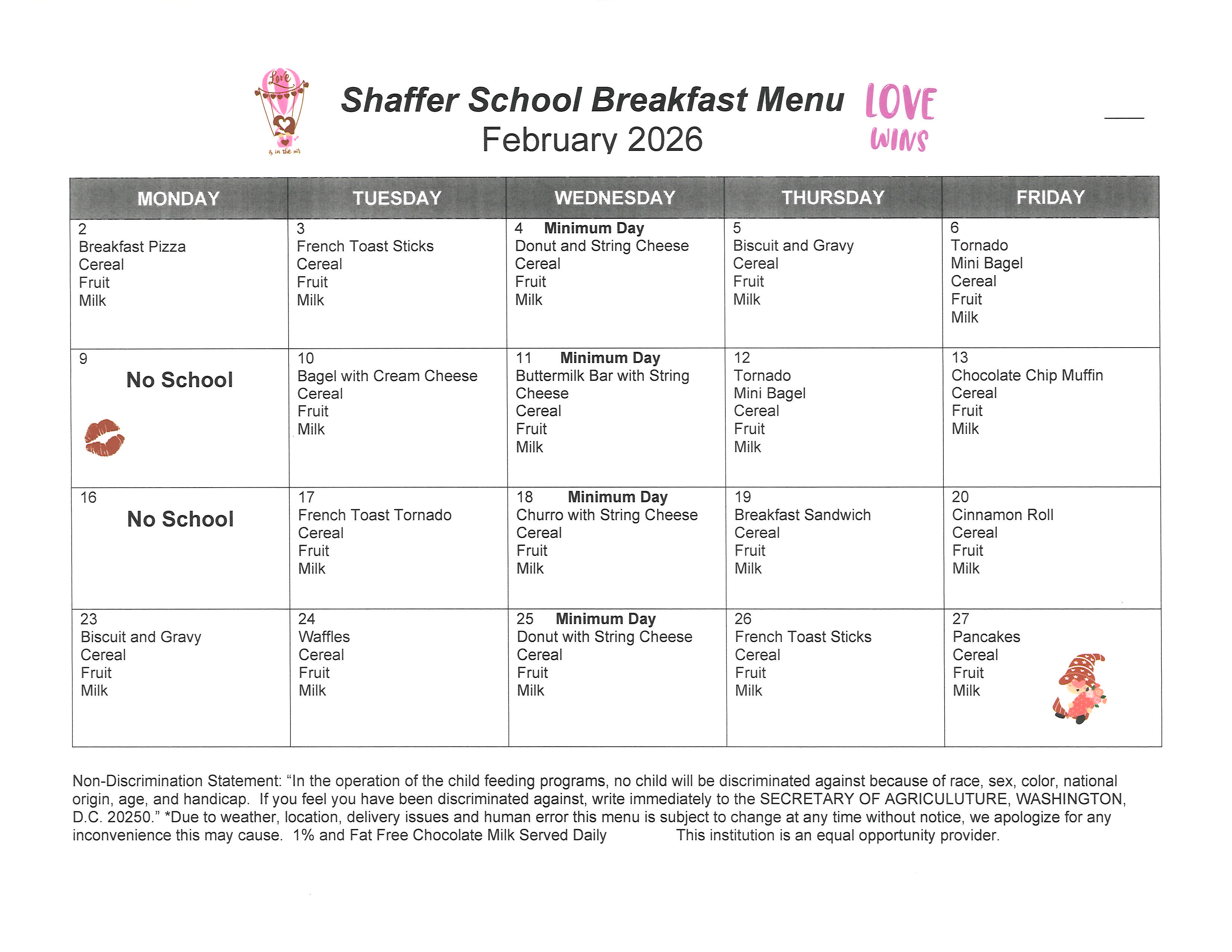 breakfast menu in calendar form