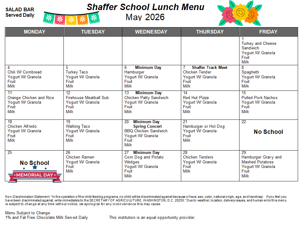 Lunch menu in calendar form