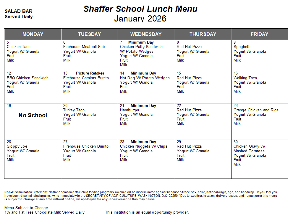 Lunch menu forDecember in calendar form