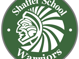 Green and white Cheif mascot with white lettering: Shaffer School Warriors