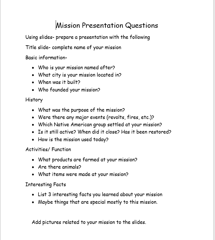Mission Presentation directions